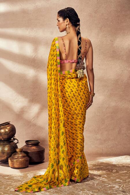 Shop Masaba Yellow Pixie Dust Nomadic Tribe Print Saree With Unstitched Blouse Piece at Aza Fashions Shop_Masaba_Yellow Pixie Dust Nomadic Tribe Print Saree With Unstitched Blouse Piece_at_Aza_Fashions