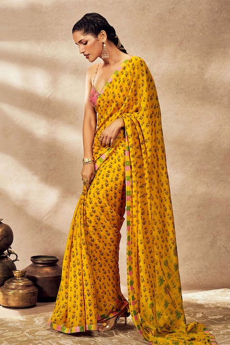 Masaba Yellow Pixie Dust Nomadic Tribe Print Saree With Unstitched Blouse Piece Online at Aza Fashions Masaba_Yellow Pixie Dust Nomadic Tribe Print Saree With Unstitched Blouse Piece_Online_at_Aza_Fashions