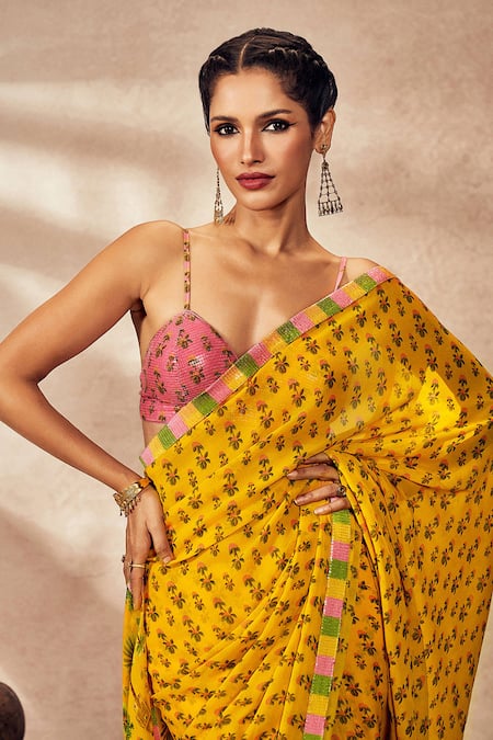 Buy Masaba Yellow Pixie Dust Nomadic Tribe Print Saree With Unstitched Blouse Piece Online at Aza Fashions Buy_Masaba_Yellow Pixie Dust Nomadic Tribe Print Saree With Unstitched Blouse Piece_Online_at_Aza_Fashions