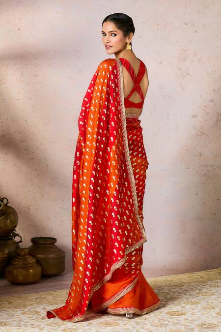 Shop_Masaba_Red Silk Foil Printing, Embroidery Striped Pixie Dust Saree With Blouse_at_Aza_Fashions
