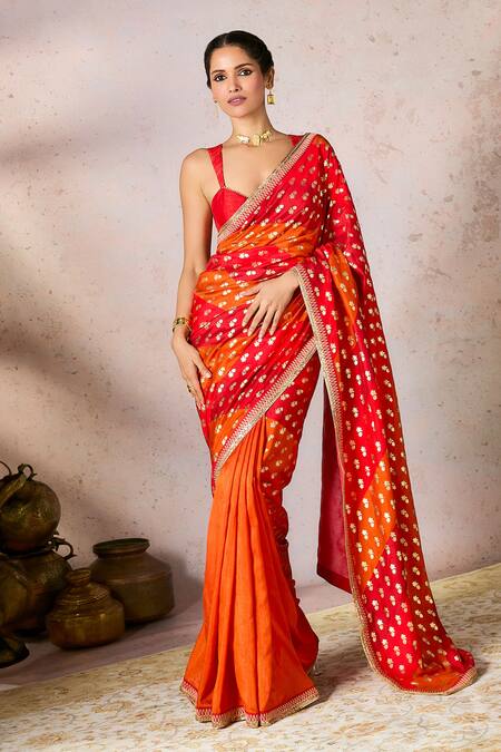 Masaba_Red Silk Foil Printing, Embroidery Striped Pixie Dust Saree With Blouse_Online_at_Aza_Fashions