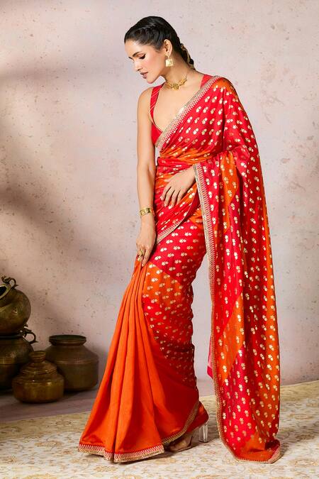 Buy_Masaba_Red Silk Foil Printing, Embroidery Striped Pixie Dust Saree With Blouse_Online_at_Aza_Fashions