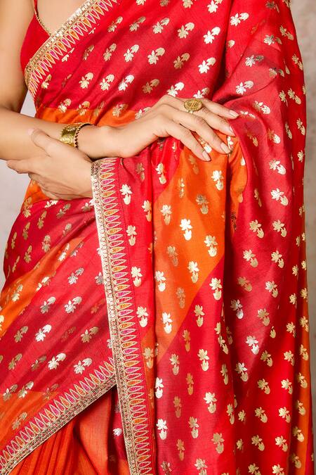 Shop_Masaba_Red Silk Foil Printing, Embroidery Striped Pixie Dust Saree With Blouse_Online_at_Aza_Fashions