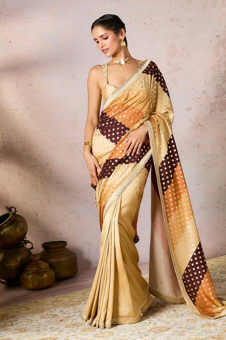 Masaba_Beige Silk Embroidery, Foil Printing Striped Palmscape Saree With Blouse_Online_at_Aza_Fashions