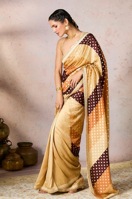 Buy_Masaba_Beige Silk Embroidery, Foil Printing Striped Palmscape Saree With Blouse_Online_at_Aza_Fashions