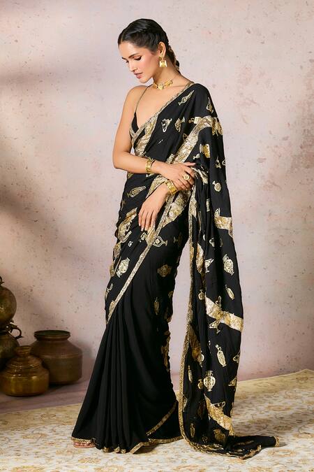 Masaba_Black Crepe, Silk Foil Potters Touch Saree With Unstitched Blouse Piece _Online_at_Aza_Fashions