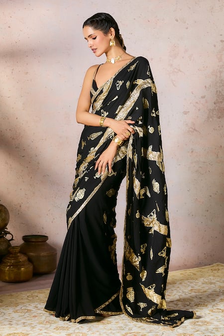 Buy_Masaba_Black Crepe, Silk Foil Potters Touch Saree With Unstitched Blouse Piece _Online_at_Aza_Fashions