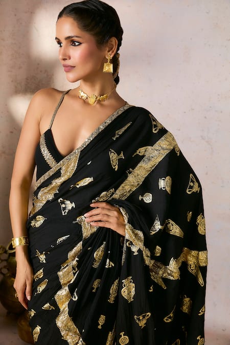 Shop_Masaba_Black Crepe, Silk Foil Potters Touch Saree With Unstitched Blouse Piece _Online_at_Aza_Fashions