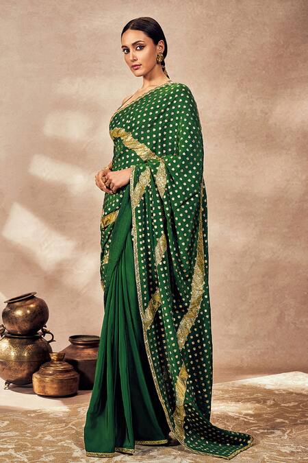 Masaba Green Crepe, Palmscape Foil Print Crushed Saree With Unstitched Blouse Piece Online at Aza Fashions Masaba_Green Crepe, Palmscape Foil Print Crushed Saree With Unstitched Blouse Piece_Online_at_Aza_Fashions