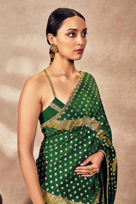 Shop Masaba Green Crepe, Palmscape Foil Print Crushed Saree With Unstitched Blouse Piece Online at Aza Fashions Shop_Masaba_Green Crepe, Palmscape Foil Print Crushed Saree With Unstitched Blouse Piece_Online_at_Aza_Fashions