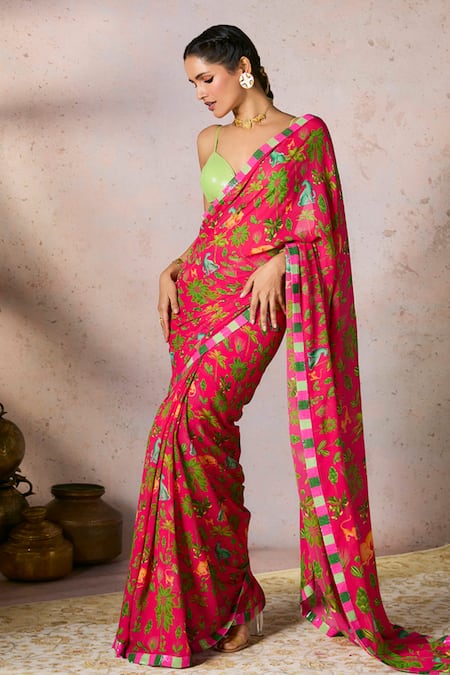 Masaba_Pink Georgette Tropical Rhapsody Printed Saree And Unstitched Blouse Piece Set_Online_at_Aza_Fashions