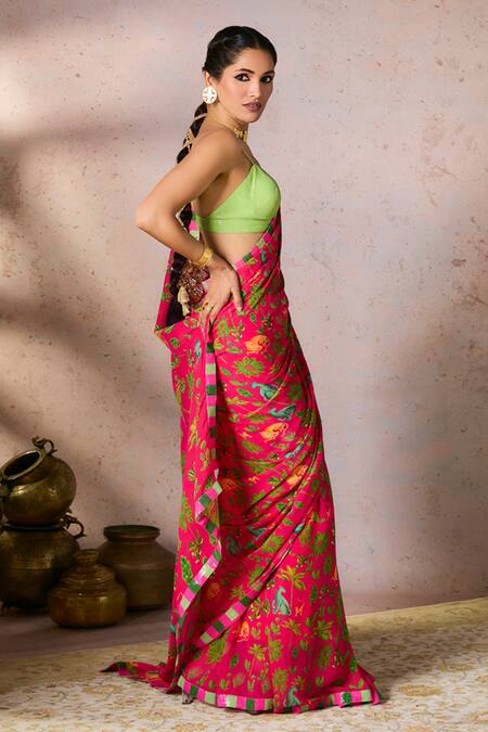 Buy_Masaba_Pink Georgette Tropical Rhapsody Printed Saree And Unstitched Blouse Piece Set_Online_at_Aza_Fashions