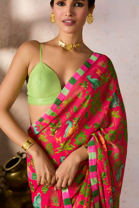 Shop_Masaba_Pink Georgette Tropical Rhapsody Printed Saree And Unstitched Blouse Piece Set_Online_at_Aza_Fashions