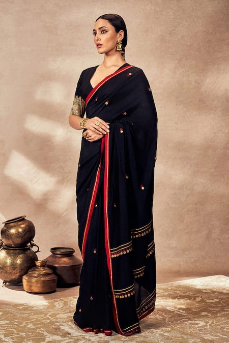 Masaba_Black Silk Gota Patti Coin And Embroidered Saree _Online_at_Aza_Fashions
