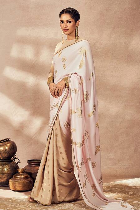 Masaba_Beige Crepe, Silk Gota Patti Travellers Palm Half Saree_Online_at_Aza_Fashions