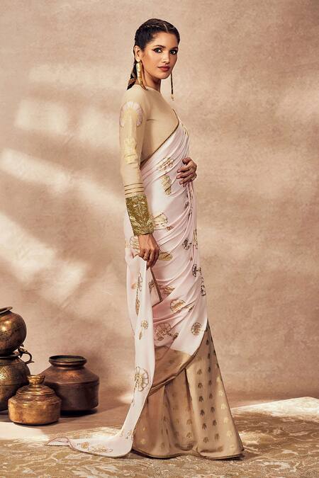 Buy_Masaba_Beige Crepe, Silk Gota Patti Travellers Palm Half Saree_Online_at_Aza_Fashions