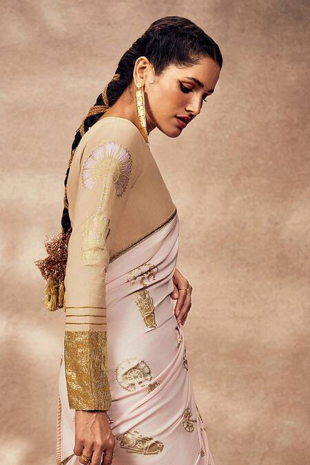 Shop_Masaba_Beige Crepe, Silk Gota Patti Travellers Palm Half Saree_Online_at_Aza_Fashions