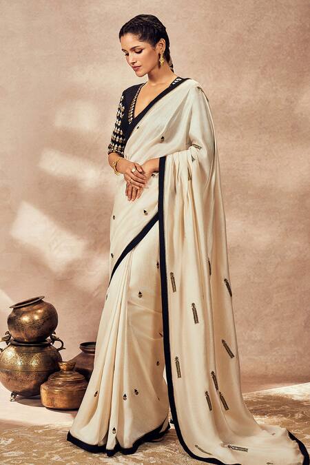 Masaba_Ivory Silk Gota Patti Coin Embroidered Saree_Online_at_Aza_Fashions