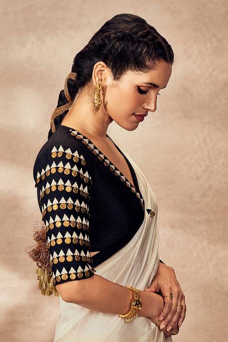 Shop_Masaba_Ivory Silk Gota Patti Coin Embroidered Saree_Online_at_Aza_Fashions