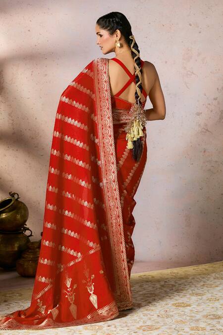 Shop Masaba Red Jacquard, Silk Chand Noor Woven Saree With Unstitched Blouse Piece at Aza Fashions Shop_Masaba_Red Jacquard, Silk Chand Noor Woven Saree With Unstitched Blouse Piece_at_Aza_Fashions