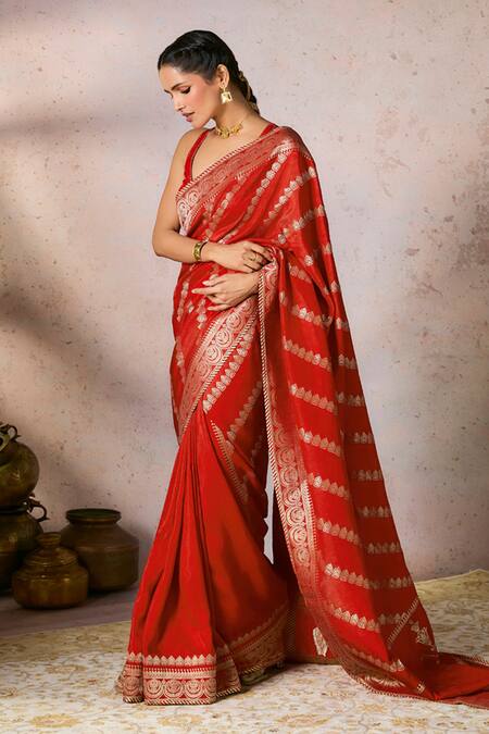 Masaba Red Jacquard, Silk Chand Noor Woven Saree With Unstitched Blouse Piece Online at Aza Fashions Masaba_Red Jacquard, Silk Chand Noor Woven Saree With Unstitched Blouse Piece_Online_at_Aza_Fashions