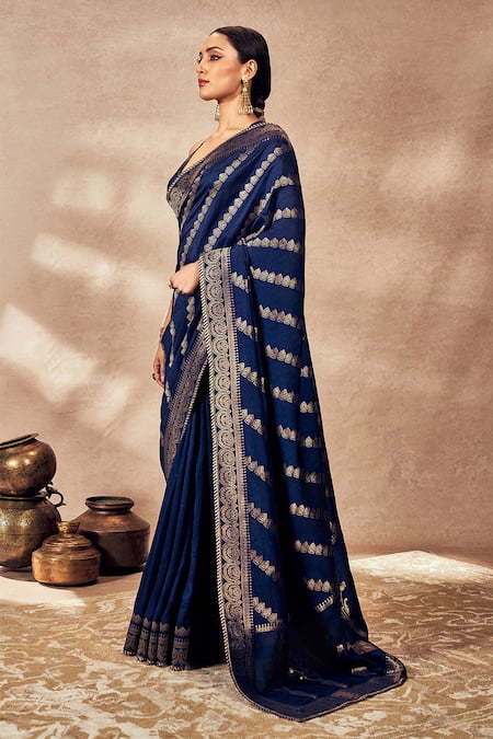 Masaba_Blue Jacquard, Silk Nooraniyat Woven Saree With Unstitched Blouse Piece _Online_at_Aza_Fashions