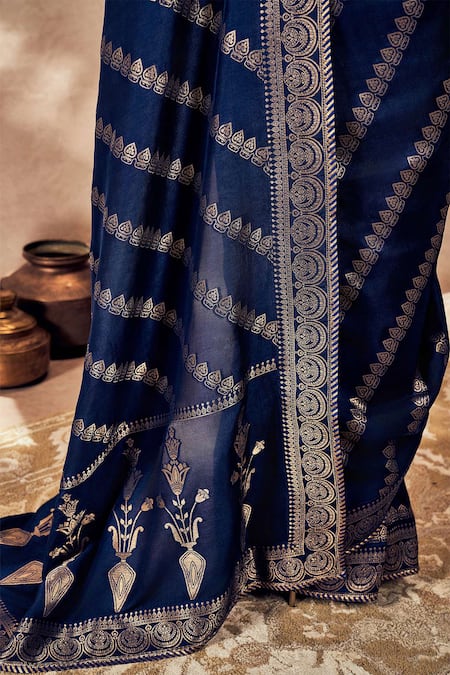Shop_Masaba_Blue Jacquard, Silk Nooraniyat Woven Saree With Unstitched Blouse Piece _Online_at_Aza_Fashions