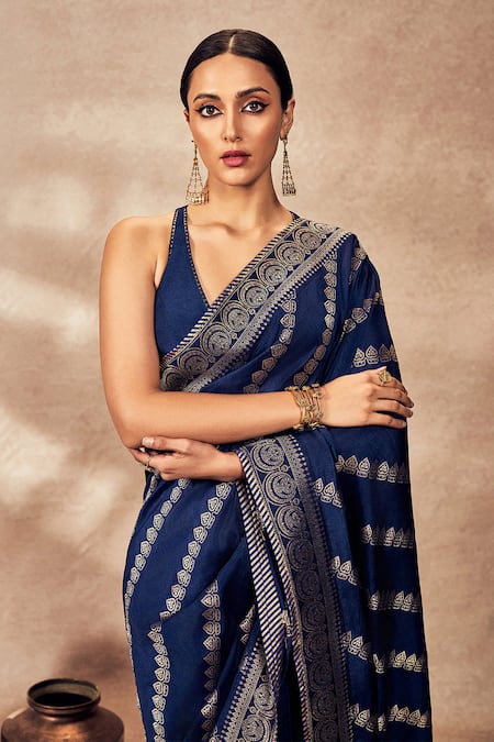 Masaba_Blue Jacquard, Silk Nooraniyat Woven Saree With Unstitched Blouse Piece _at_Aza_Fashions