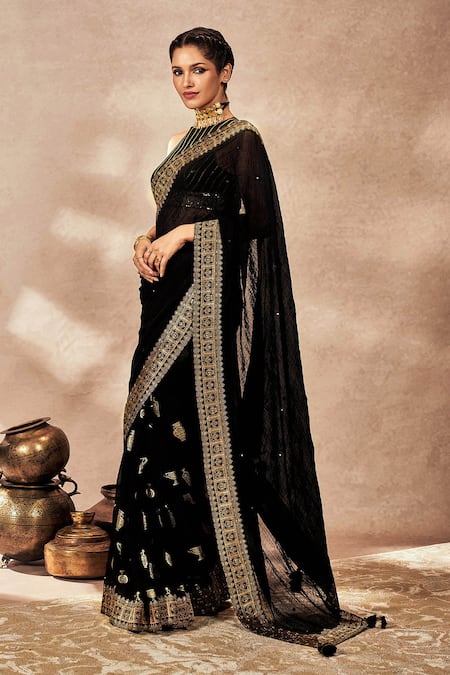 Masaba_Black Georgette, Potters Touch Border Half Saree With Unstitched Blouse Piece _Online_at_Aza_Fashions
