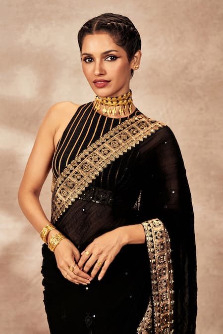 Buy_Masaba_Black Georgette, Potters Touch Border Half Saree With Unstitched Blouse Piece _Online_at_Aza_Fashions