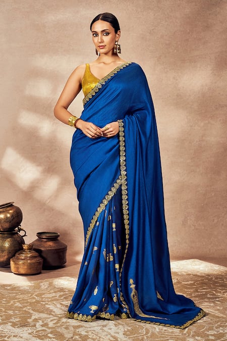 Masaba Blue Raw Silk Embroidery Potters Touch Saree With Unstitched Blouse Piece 