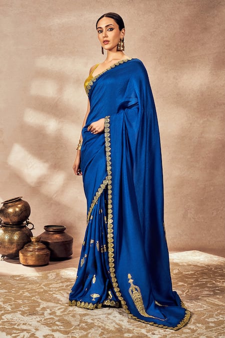 Masaba_Blue Silk, Tissue Embroidery Potters Touch Saree With Unstitched Blouse Piece_Online_at_Aza_Fashions