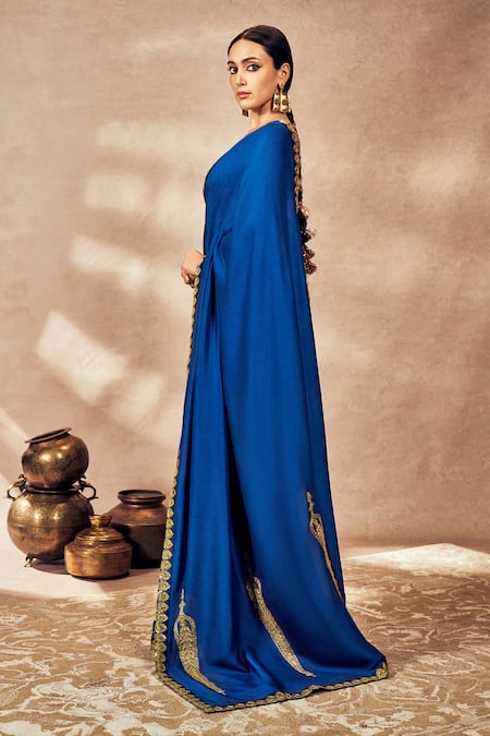 Shop_Masaba_Blue Silk, Tissue Embroidery Potters Touch Saree With Unstitched Blouse Piece_Online_at_Aza_Fashions