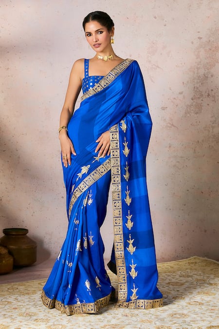 Masaba_Blue Silk Embroidery, Foil Mystic Fish Motif Saree With Unstitched Blouse Piece _Online_at_Aza_Fashions