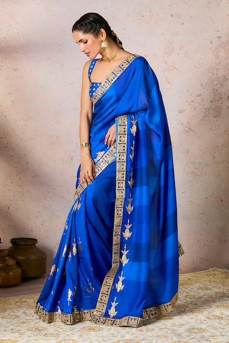 Buy_Masaba_Blue Silk Embroidery, Foil Mystic Fish Motif Saree With Unstitched Blouse Piece _Online_at_Aza_Fashions