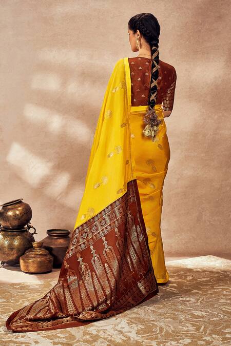 Shop Masaba Yellow Jacquard Silk Saree With Unstitched Blouse Piece at Aza Fashions Shop_Masaba_Yellow Jacquard Silk Saree With Unstitched Blouse Piece_at_Aza_Fashions