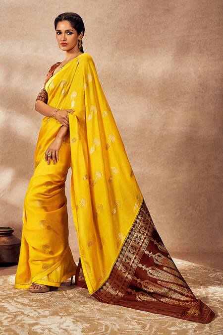 Masaba Yellow Jacquard Silk Saree With Unstitched Blouse Piece Online at Aza Fashions Masaba_Yellow Jacquard Silk Saree With Unstitched Blouse Piece_Online_at_Aza_Fashions