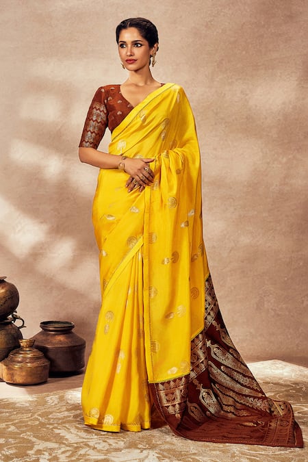Shop Masaba Yellow Jacquard Silk Saree With Unstitched Blouse Piece Online at Aza Fashions Shop_Masaba_Yellow Jacquard Silk Saree With Unstitched Blouse Piece_Online_at_Aza_Fashions