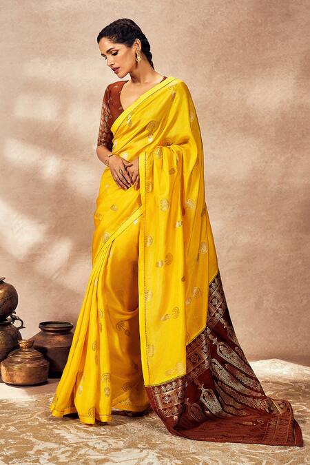 Masaba Yellow Jacquard Silk Saree With Unstitched Blouse Piece at Aza Fashions Masaba_Yellow Jacquard Silk Saree With Unstitched Blouse Piece_at_Aza_Fashions