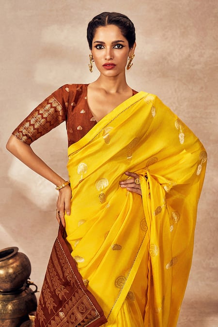 Buy Masaba Yellow Jacquard Silk Saree With Unstitched Blouse Piece Buy_Masaba_Yellow Jacquard Silk Saree With Unstitched Blouse Piece