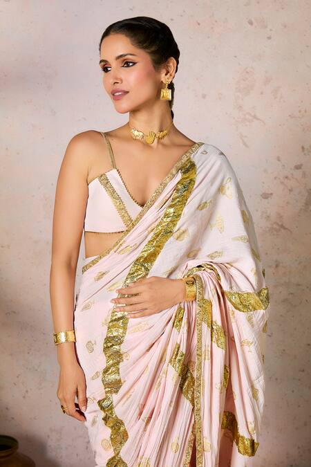Shop_Masaba_Pink Crepe, Silk Gota Potters Touch Work Saree With Unstitched Blouse Piece_Online_at_Aza_Fashions