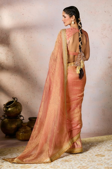 Shop Masaba Peach Tissue, Silk Foil Printing, Palm Bloom Saree With Unstitched Blouse Piece at Aza Fashions Shop_Masaba_Peach Tissue, Silk Foil Printing, Palm Bloom Saree With Unstitched Blouse Piece _at_Aza_Fashions
