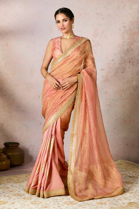 Masaba Peach Tissue, Silk Foil Printing, Palm Bloom Saree With Unstitched Blouse Piece Online at Aza Fashions Masaba_Peach Tissue, Silk Foil Printing, Palm Bloom Saree With Unstitched Blouse Piece _Online_at_Aza_Fashions