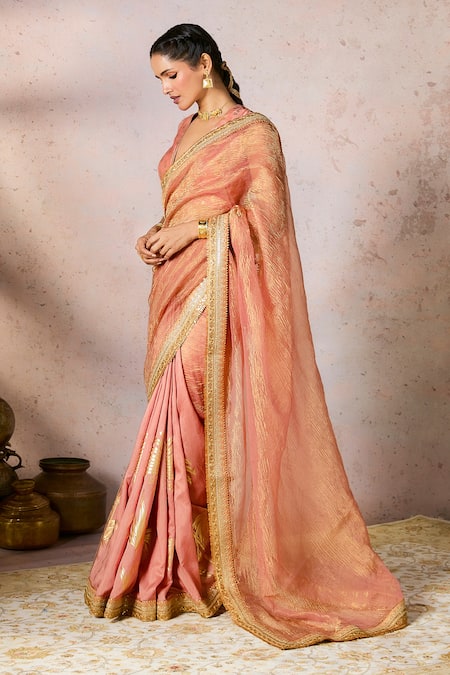 Buy Masaba Peach Tissue, Silk Foil Printing, Palm Bloom Saree With Unstitched Blouse Piece Online at Aza Fashions Buy_Masaba_Peach Tissue, Silk Foil Printing, Palm Bloom Saree With Unstitched Blouse Piece _Online_at_Aza_Fashions