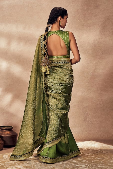 Shop Masaba Green Tissue, Silk Palm Bloom Crushed Printed Saree With Unstitched Blouse Piece at Aza Fashions Shop_Masaba_Green Tissue, Silk Palm Bloom Crushed Printed Saree With Unstitched Blouse Piece _at_Aza_Fashions