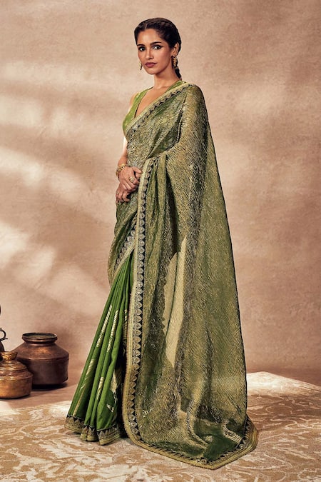 Shop Masaba Green Tissue, Silk Palm Bloom Crushed Printed Saree With Unstitched Blouse Piece Online at Aza Fashions Shop_Masaba_Green Tissue, Silk Palm Bloom Crushed Printed Saree With Unstitched Blouse Piece _Online_at_Aza_Fashions
