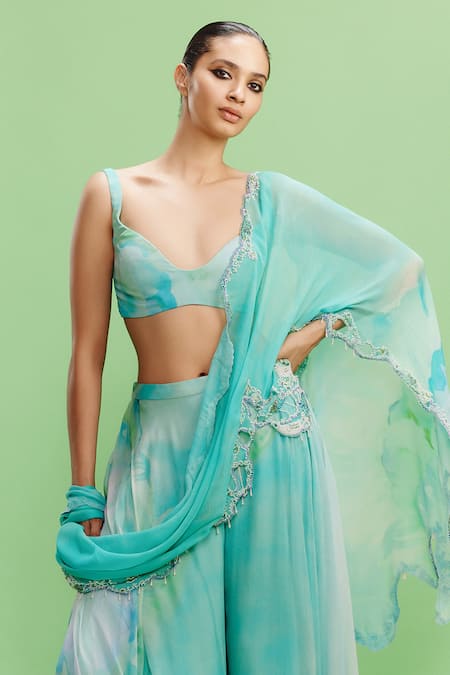 Dolly J_Blue Chiffon Pearls, Embroidery Sweetheart Neck Kalila Floral Print Sharara Set _Online_at_Aza_Fashions