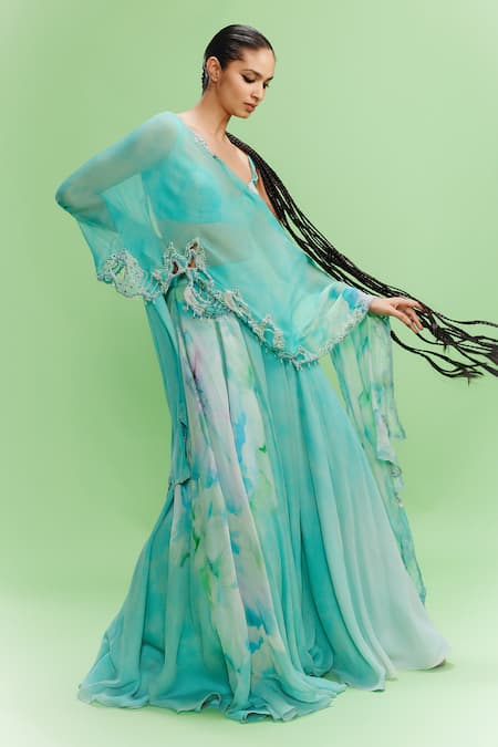 Buy_Dolly J_Blue Chiffon Pearls, Embroidery Sweetheart Neck Kalila Floral Print Sharara Set _Online_at_Aza_Fashions