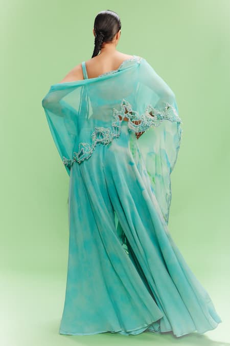 Shop_Dolly J_Blue Chiffon Pearls, Embroidery Sweetheart Neck Kalila Floral Print Sharara Set _at_Aza_Fashions
