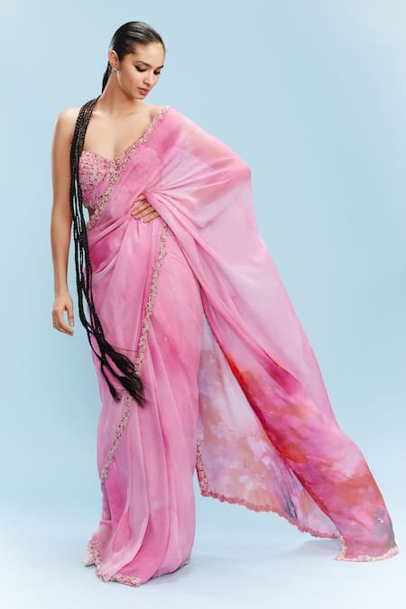 Dolly J Pink Chiffon Embroidered Pearl Vashti Watercolor Effect Saree With Blouse 